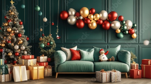 Christmas balloons party decorations, Collection of Christmas, 3D render, Triadic color scheme photo