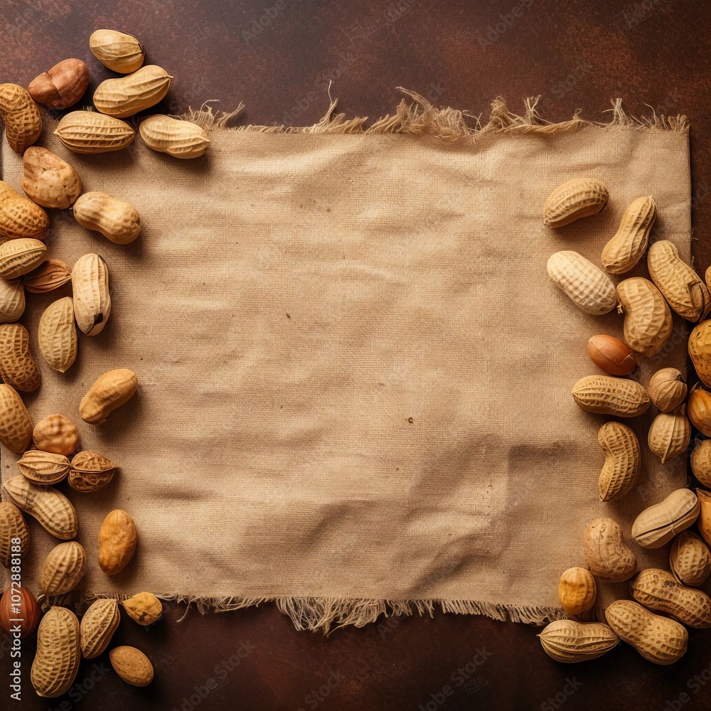 A burlap background surrounded by various types of nuts, creating a rustic, natural setting.