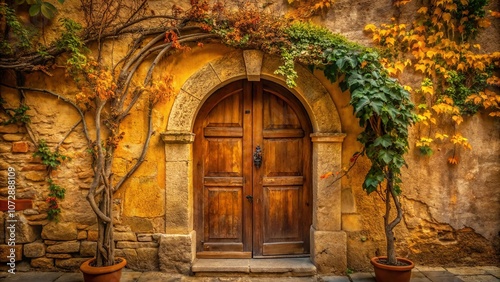 An old wooden door, framed by an archway, invites entry into a rustic stone building, its facade adorned with vibrant autumnal foliage.