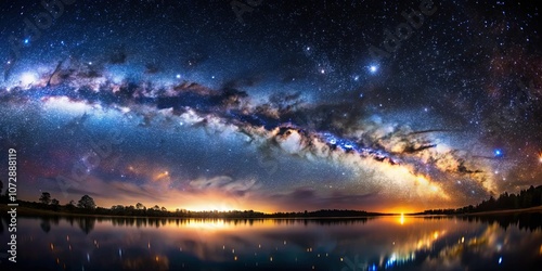 A celestial tapestry of stars and the Milky Way reflected in a tranquil lake, creating a celestial spectacle.