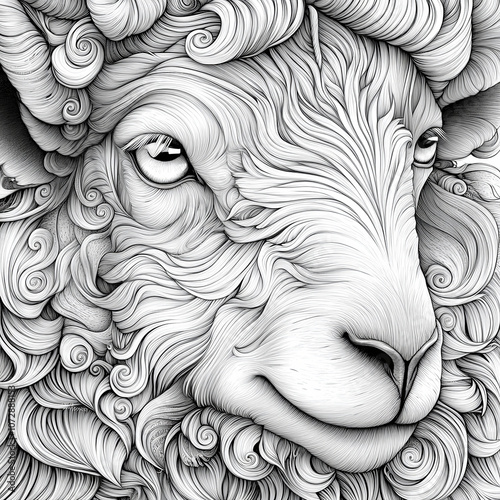 Close-up of a sheep's face with intricate, swirling patterns in its fur. photo