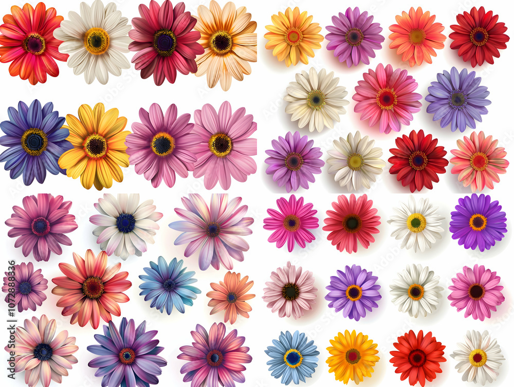 Set of colorful daisies on a white background, vector illustration. Detailed, realistic flowers. Set of colorful daisies on a white background, vector illustration. Detailed, realistic flowers.