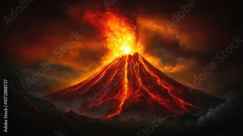 Erupting volcano with fiery lava against dark sky