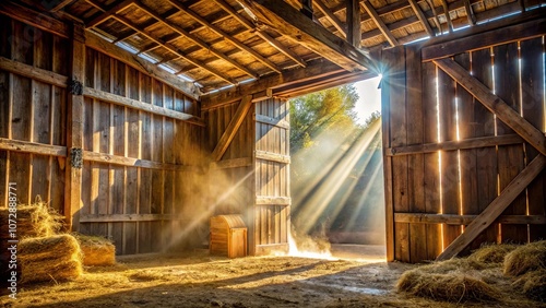 Golden Rays of Sunlight Streaming Through an Open Barn Door, Illuminating Dust Motes and Hay Bales