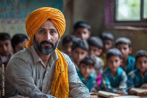 Passionate teacher wearing a turban engaging students in the classroom, sharing knowledge with enthusiasm and fostering a dynamic, inclusive learning environment..