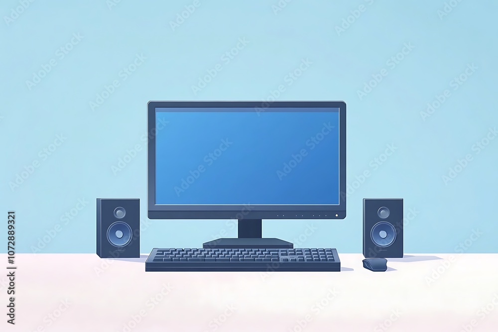 3D illustration Computer set. Screen monitor blank with keyboard mouse and design speaker on light blue wall background. 3D illustration Computer set. Screen monitor blank with keyboard mouse and design speaker on light blue wall background.