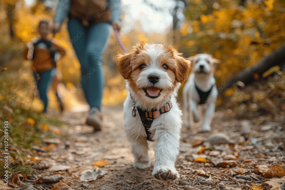 A joyful family taking their new puppy for a walk in the park, sharing quality time and enjoying outdoor adventures together in a natural setting...