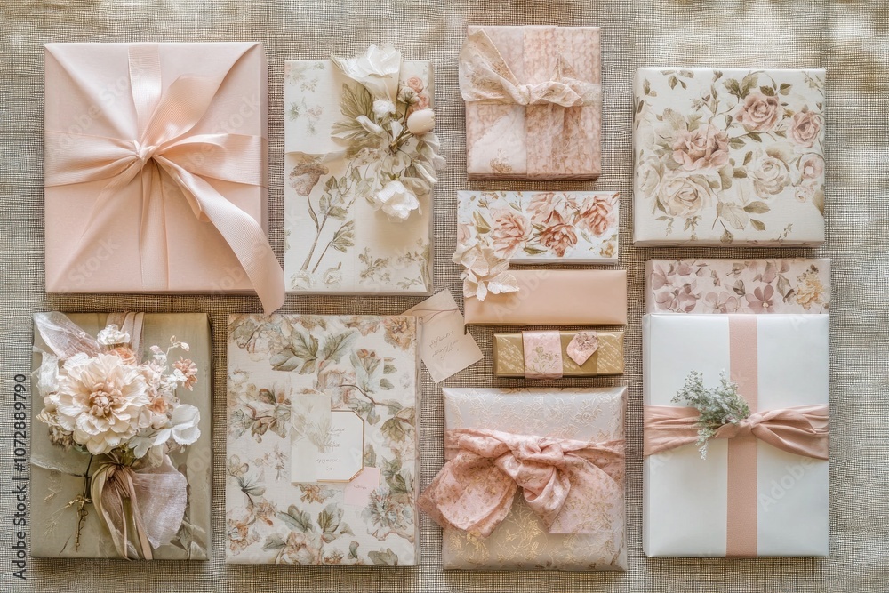 A collection of beautifully wrapped gifts in a delicate pink and beige color palette, featuring floral patterns and ribbons. A collection of beautifully wrapped gifts in a delicate pink and beige color palette, featuring floral patterns and ribbons.