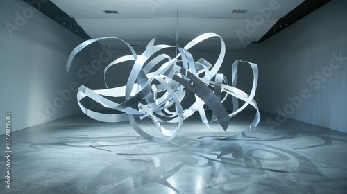 Abstract silver sculpture hanging in a modern white room.