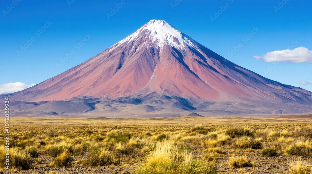 Perfectly symmetrical volcano with a snow-capped peak in a dry, grassy plain Perfectly symmetrical volcano with a snow-capped peak in a dry, grassy plain