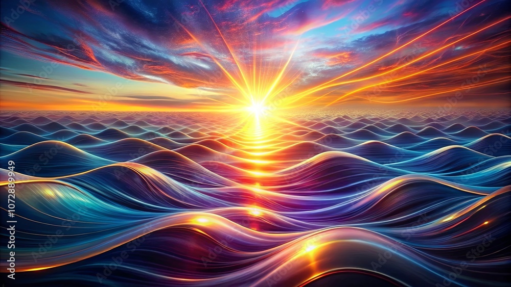 Vibrant Sunset over a Sea of Abstract Waves, Illuminating the Horizon with Warm, Golden Hues Vibrant Sunset over a Sea of Abstract Waves, Illuminating the Horizon with Warm, Golden Hues