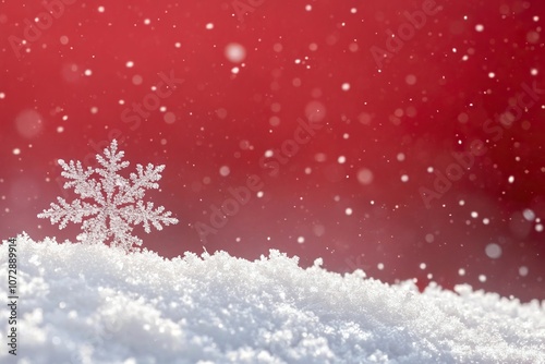 A gentle flurry of small snowflakes settles on a bright red gradient background in a magical and festive winter environment, gradient, intricate