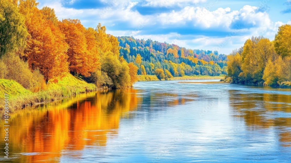 Fototapeta premium Autumn trees reflecting in a calm river under blue sky