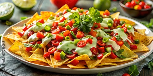 A plate of crispy tortilla chips piled high with fresh tomatoes, green onions, herbs, and a creamy avocado sauce.