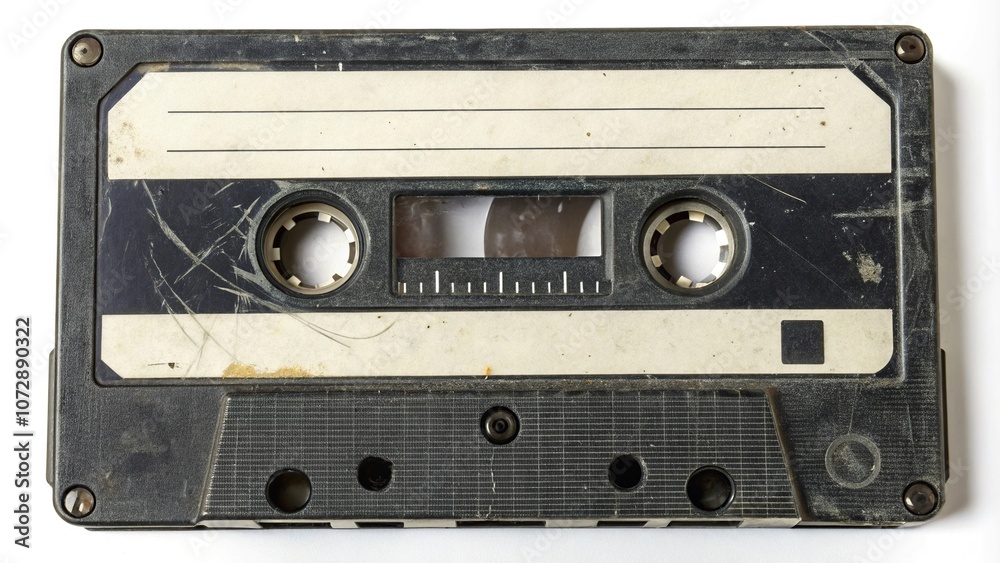 Obraz premium An isolated close-up of a scratched cassette tape, reel malfunction, tape flaw, worn-out recording, magnetic head damage, reel error