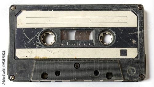 An isolated close-up of a scratched cassette tape, reel malfunction, tape flaw, worn-out recording, magnetic head damage, reel error