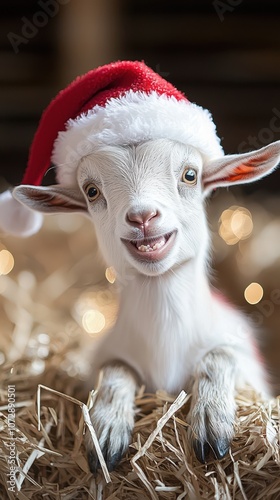 Adorable goat wearing a Santa hat, playfully nibbling on a holiday decoration, bringing festive cheer and humor to the holiday season... photo