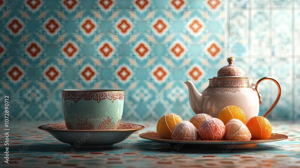 Elegant Teapot and Sweets on Decorative Tile Background