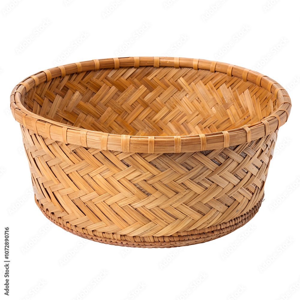 A woven bamboo basket with natural texture, isolated on a transparent background A woven bamboo basket with natural texture, isolated on a transparent background