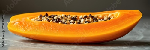 A sliced papaya half resting on a surface, with tiny water droplets glistening on its skin, revealing the fruit's natural beauty, exotic fruit, tropical fruit