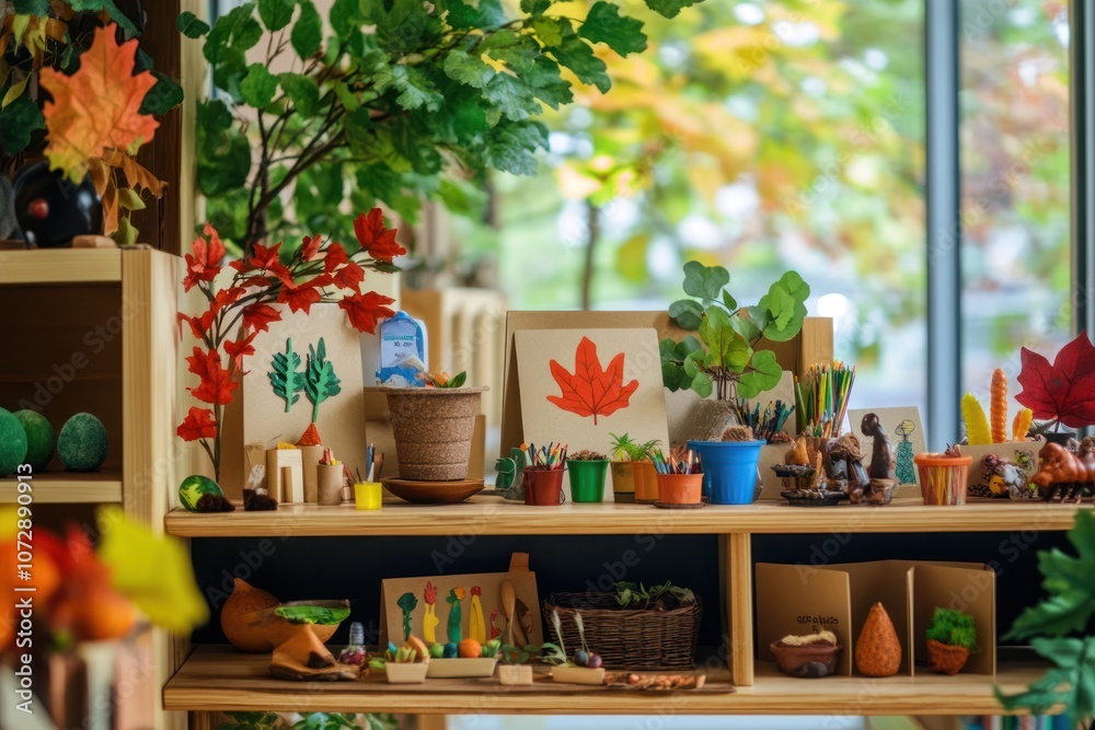 A wooden shelf with various crafts, toys, and other educational materials in a classroom. A wooden shelf with various crafts, toys, and other educational materials in a classroom.