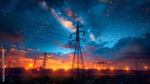 high-voltage power line supports with wires stretched between them, the lines run along the road with lanterns against the background of a dark landscape