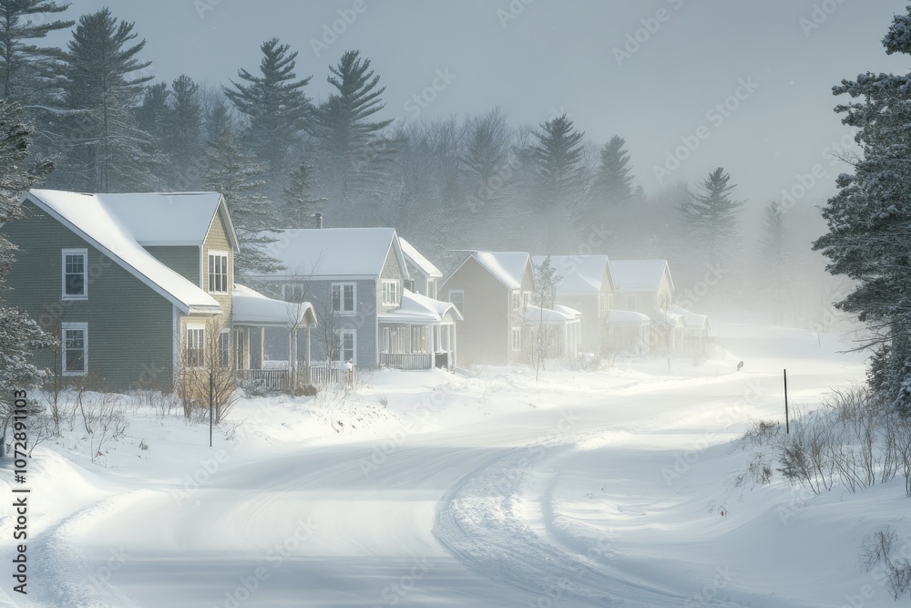 Foggy winter day with modern homes in New Hampshire, surrounded by snow-covered trees and evergreens Foggy winter day with modern homes in New Hampshire, surrounded by snow-covered trees and evergreens