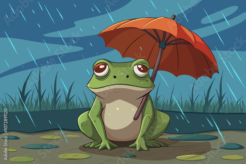 Cartoon Frog Standing Under Red Umbrella on Rainy Day in Nature. Frog is standing under an umbrella on a rainy day vector art 