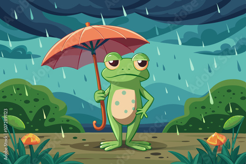 Cartoon Frog Standing Under Red Umbrella on Rainy Day in Nature. Frog is standing under an umbrella on a rainy day vector art 