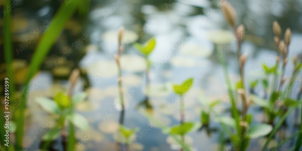 Blurred image of water and plants creating a serene natural background, growth, outdoor Blurred image of water and plants creating a serene natural background, growth, outdoor