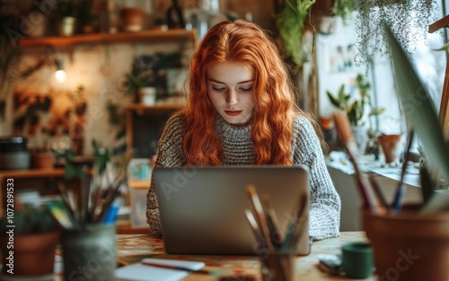 Young Girl Engaged in Online Art Class, Painting at Home in a Warm, Creative Setting