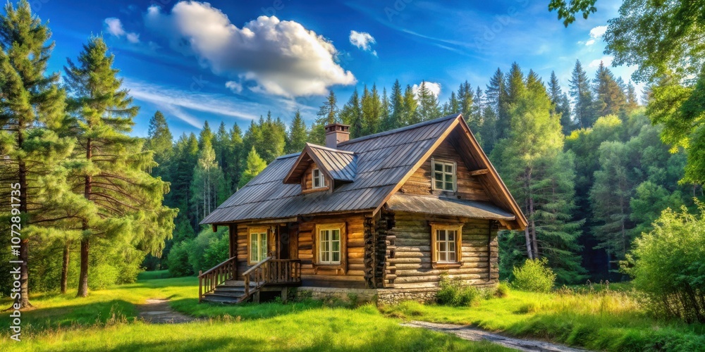 Obraz premium A rustic wooden cabin nestled amidst a verdant forest, bathed in the warm glow of a summer afternoon, with a single white cloud drifting across a cerulean sky
