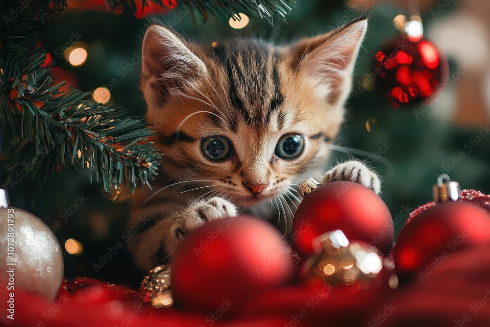 A curious kitten plays around a decorated Christmas tree, surrounded by scattered ornaments and presents, capturing the festive spirit and holiday mischief..