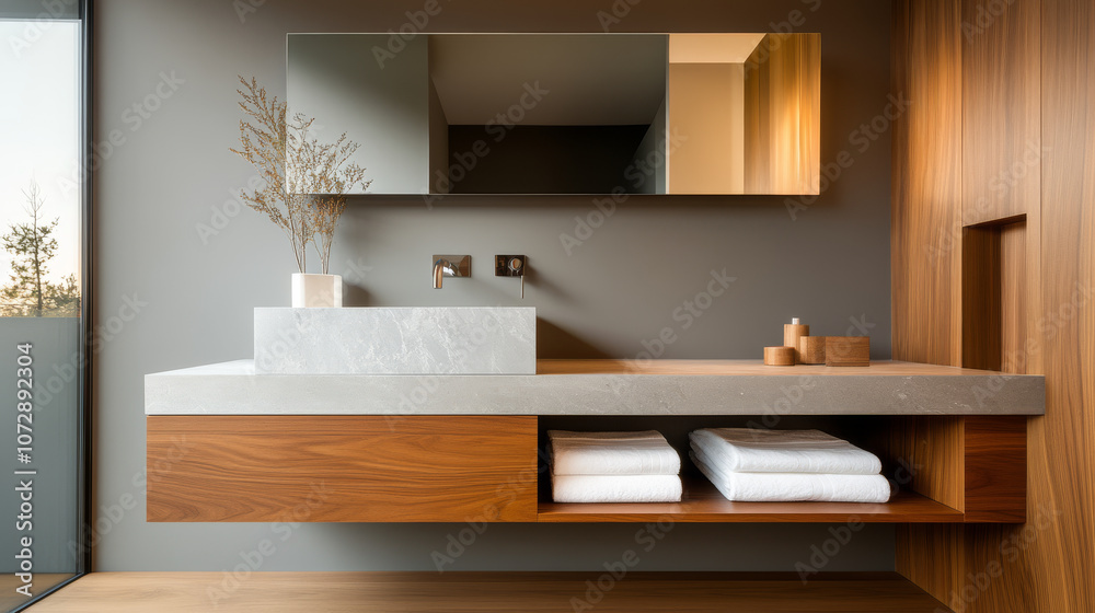 Modern bathroom design features sleek vanity with marble sink, wooden cabinetry, and neatly arranged towels, creating serene and stylish atmosphere Modern bathroom design features sleek vanity with marble sink, wooden cabinetry, and neatly arranged towels, creating serene and stylish atmosphere