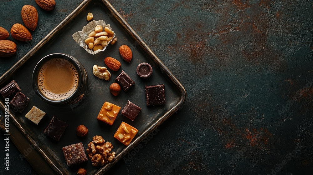 Coffee and Chocolate Treats on Rustic Tray Coffee and Chocolate Treats on Rustic Tray