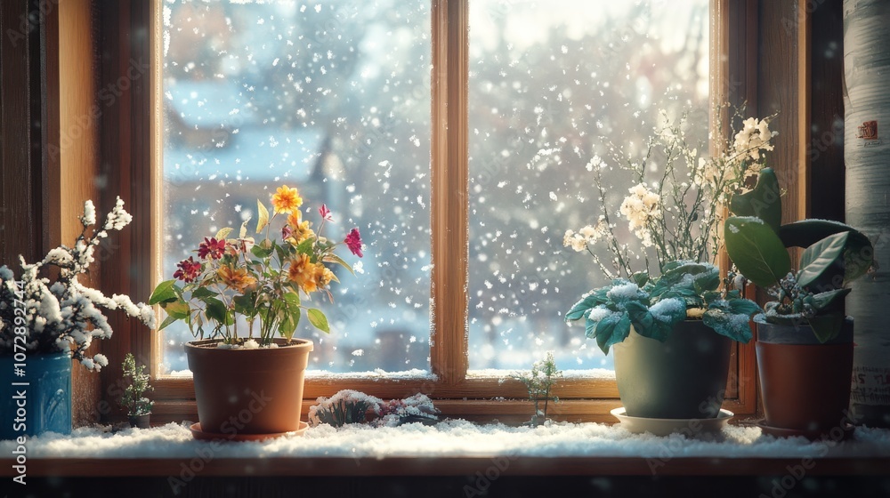 Cozy indoor view through a snow-covered window, plants and flowers in soft winter light Cozy indoor view through a snow-covered window, plants and flowers in soft winter light