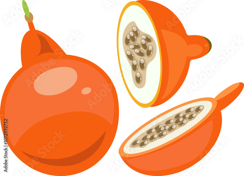 Sweet Granadilla Passion Fruit Illustration Whole and Cut