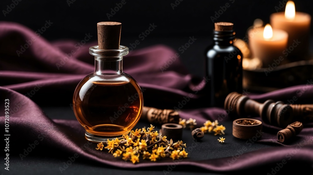 Aesthetic bottle of essential oil on a black silk background. Frankincense on the side.