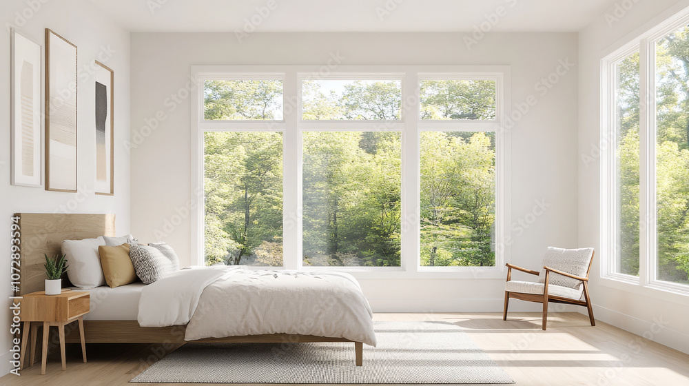 A serene bedroom featuring large windows that offer view of lush greenery. space is bright and airy, with cozy bed, minimalist decor, and natural light enhancing calming atmosphere
