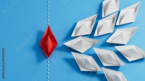 A group of blue paper boats and one red sailing against the current, concept of independent personality, breaking free from influence, strong leaderboat.3D rendering on blue background. photo