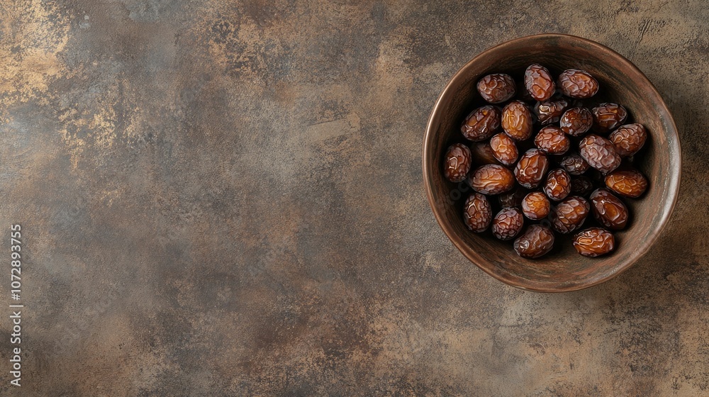 Fresh Dates in Rustic Bowl on Textured Background Fresh Dates in Rustic Bowl on Textured Background