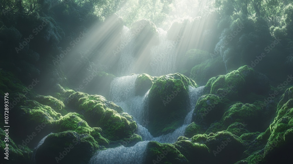 Fototapeta premium Sunlit waterfall in a secluded forest, moss-covered rocks and mist creating an enchanting scene