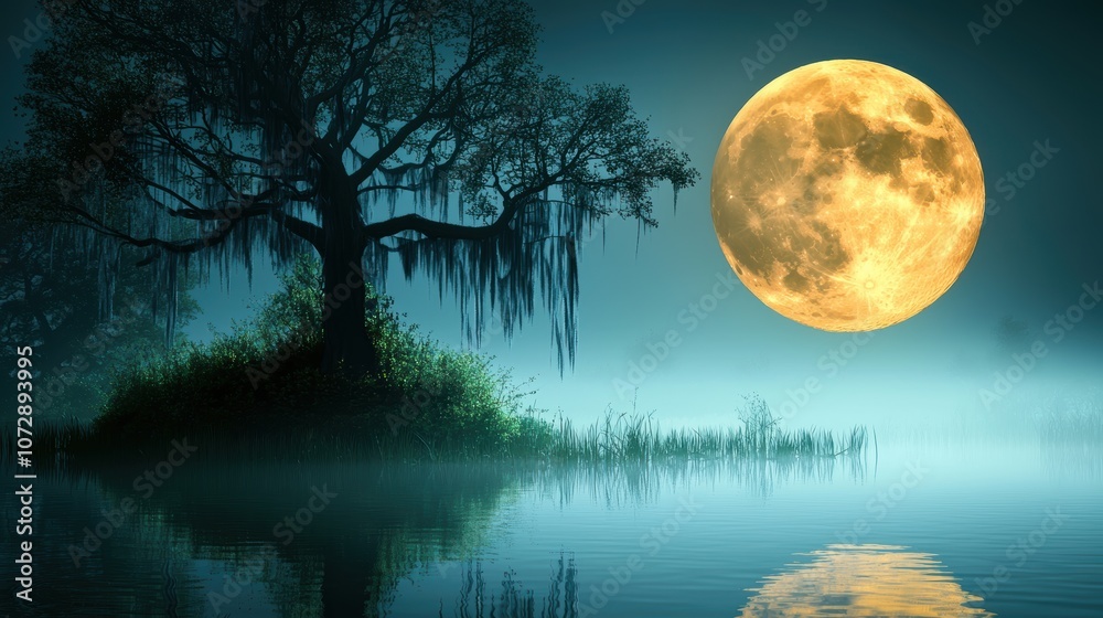 A mystical scene of a full moon reflected on the surface of a misty swamp, with gnarled trees and Spanish moss creating an eerie and atmospheric reflection. A mystical scene of a full moon reflected on the surface of a misty swamp, with gnarled trees and Spanish moss creating an eerie and atmospheric reflection.