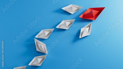 business. Leaderboat concept image with paper boats on blue wooden background. One leader guiding others.3D rendering on blue background.