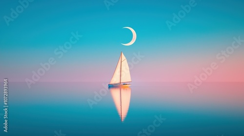 A lone sailboat with its sails down rests peacefully on the calm waters of a lake, with the reflection of a crescent moon creating a perfect circle of light. photo