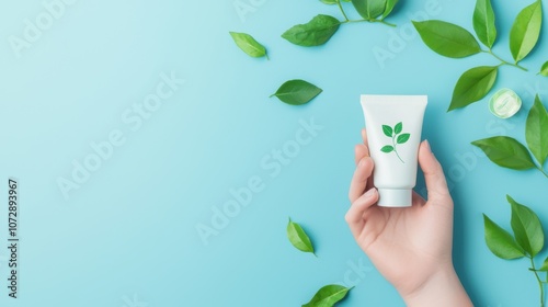 A hand holding a cosmetic tube with a green leaf logo and a label indicating its recyclable packaging, emphasizing environmental consciousness. photo