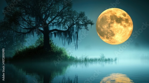 A mystical scene of a full moon reflected on the surface of a misty swamp, with gnarled trees and Spanish moss creating an eerie and atmospheric reflection.