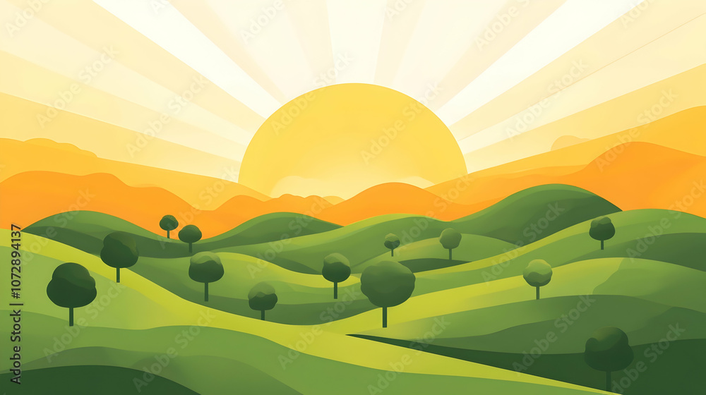 Fototapeta premium A stylized illustration of a sunrise over a rolling green hill landscape.