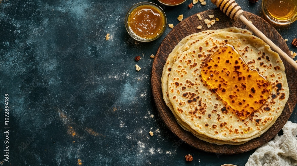 Delicious Flatbread with Honey and Nuts on Dark Surface Delicious Flatbread with Honey and Nuts on Dark Surface