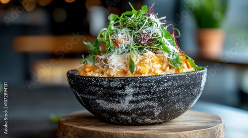 Delicious risotto topped with fresh herbs and cheese. photo